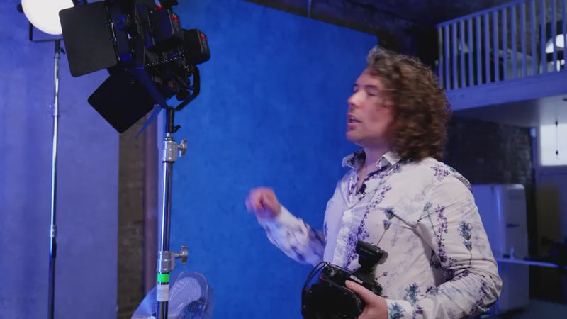 Jake Hicks using Rotolight LED lights in colour flash mode on a set with a model 